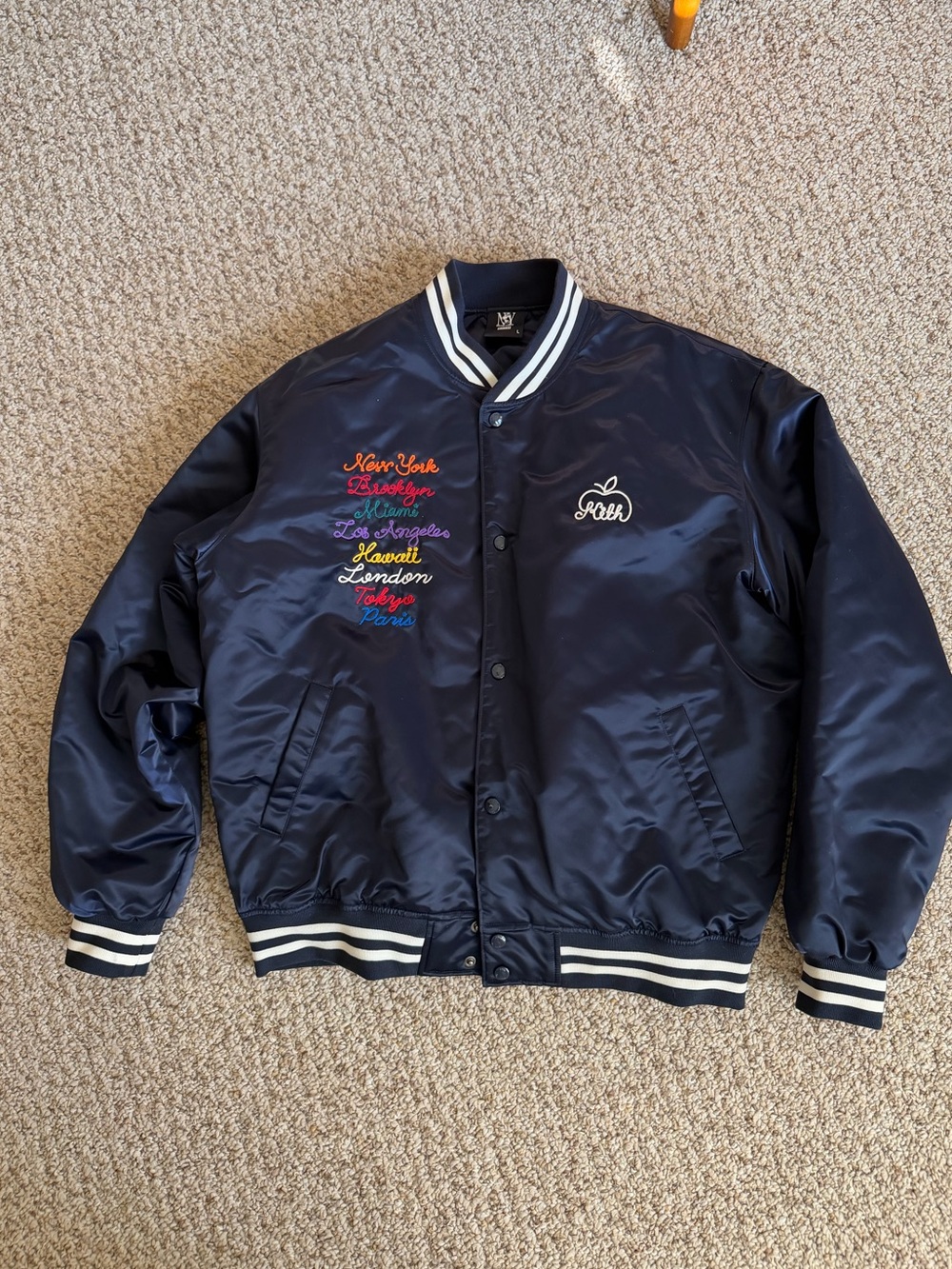 Kith Satin NY to the World Bomber Jacket color Navy size Large